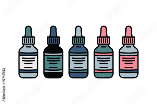 Colorful Dropper Bottles in a Row, Various Liquids, Medical or Aromatic Supplies