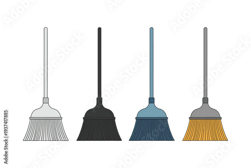 Colorful brooms in a row, cleaning tools, household items, colorful broomsticks, cleaning equipment