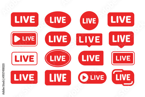 A collection of various red 'LIVE' streaming buttons and icons, presented on a clean white background.