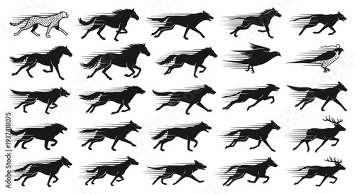 Collection of running animal silhouettes with motion blur, including horses, wolves, cheetahs, birds, and deer, illustrating speed and dynamic movement.