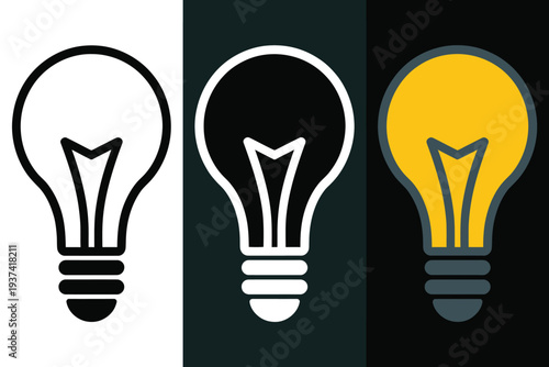A set of three light bulb icons showing a bright idea, a plain outline, and a glowing filament.