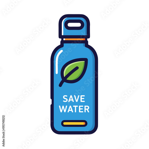 Reusable water bottle with save water message and leaf icon – sustainability concept promoting eco-friendly hydration and conservation for World Water Day.