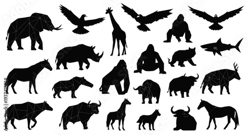 Collection of black animal silhouettes including elephants, giraffes, rhinos, gorillas, bears, sharks, zebras, hippos, buffalo, and eagles on a white background.