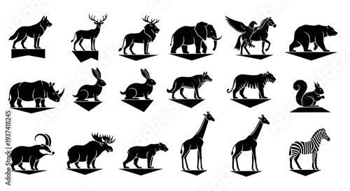 Collection of black silhouette animal designs including various wild mammals and mythical creatures, suitable for laser cutting or decorative stencils.