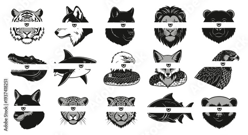 Collection of stylized black and white animal head logos with a horizontal split bar, featuring various wild and domestic creatures.