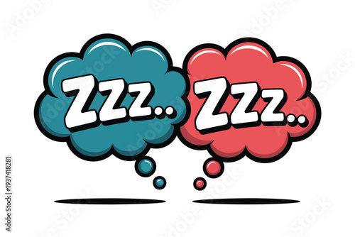 Colorful cartoon thought bubbles with zzz text, sleepy comic speech clouds