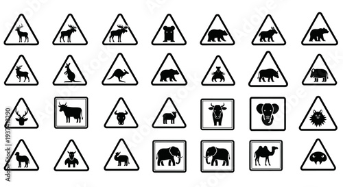 A comprehensive collection of black and white animal warning signs, featuring various wildlife silhouettes in both triangular and square formats for road safety.