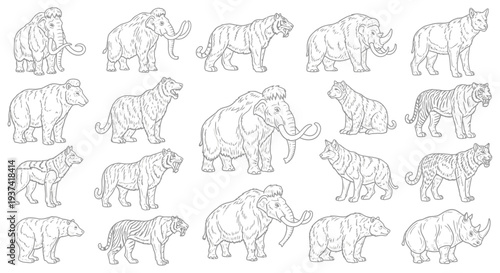 Collection of line art illustrations featuring various prehistoric Ice Age animals such as mammoths, saber-toothed tigers, woolly rhinos, and cave bears.