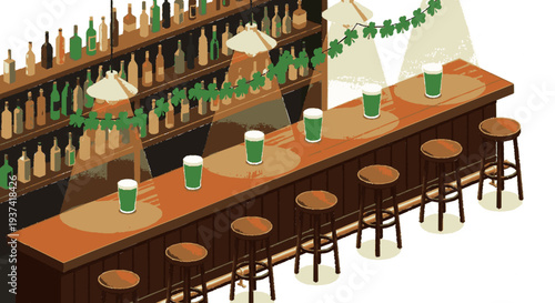 Bar counter with stools and bottles on shelves decorated with green garland for st patrick's day celebration