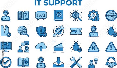 IT support service icons set featuring technical assistance, troubleshooting, cybersecurity protection, cloud support, bug fixing, maintenance and customer helpdesk technology
