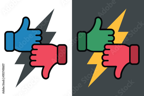Opposing political viewpoints clash with opposing thumbs-up and thumbs-down symbols against lightning.