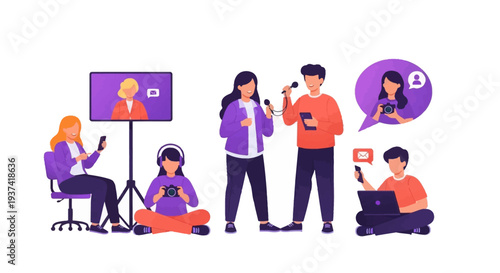 Flat vibrant illustration of diverse Gen Z people recording, vlogging, and working on digital devices for social media content creation