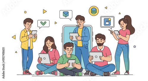 Flat vibrant illustration of a diverse group of young people using smartphones and laptops to record and share content on social media