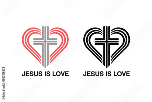 Two stylized logos featuring a cross inside a heart shape with the text "JESUS IS LOVE" below each graphic.