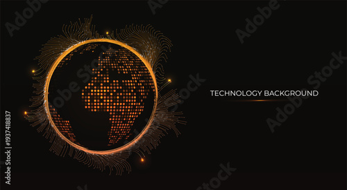 Orange Spherical world map glowing with pulsating lights and fiber optic strands. Concept data flow, Global connectivity, technology, and futuristic technological innovation worldwide. 