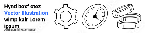 Gear symbol for functionality, clock for time management, and coin stack for financial growth. Ideal for business strategy, finance, efficiency, productivity, timing, workflow simple landing page