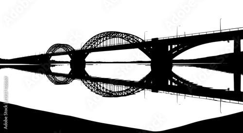 Minimalist black and white silhouette of a modern arch bridge reflected symmetrically in calm water, creating abstract graphic art