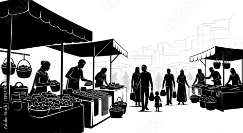 Monochrome illustration of a vibrant outdoor marketplace with diverse shoppers and vendors selling fresh produce from stalls.