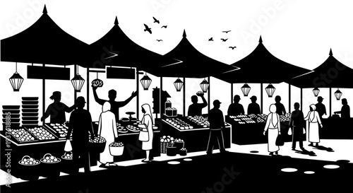 Lively outdoor street market illustration with vendors, shoppers, and stalls in black and white silhouette art.