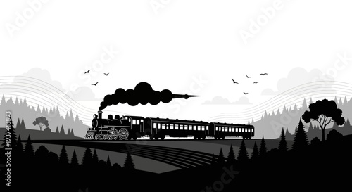 Classic steam train illustration in a rural landscape, vintage locomotive with passenger cars on winding tracks, nostalgic journey.