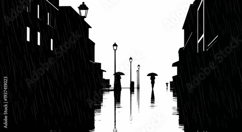 Atmospheric rainy city street with silhouetted people walking under umbrellas, black and white urban scene.