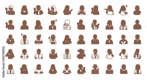Brown silhouettes of diverse people in various poses and occupations on white background