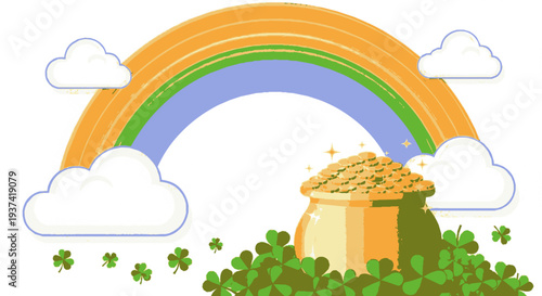 Golden pot overflowing with coins under vibrant rainbow surrounded by lush green clover and fluffy white clouds on a bright background