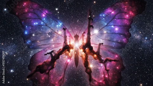 A cosmic butterfly with galaxy wings against a starry background, full of pink, purple, and blue nebulous glows