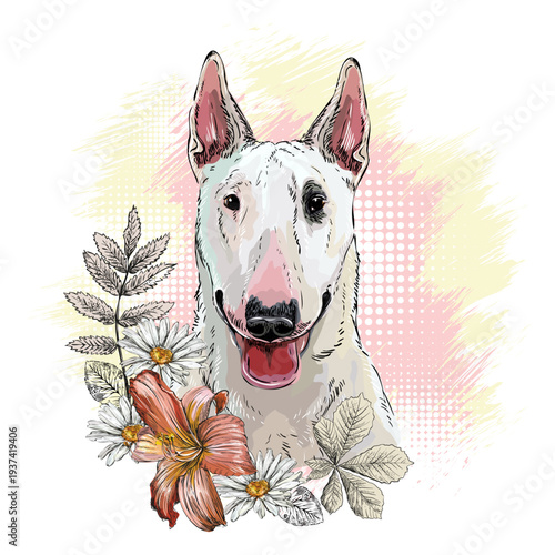 Bullterrier dog in flowers hand drawn vector illustration