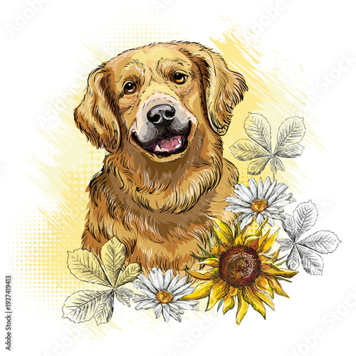 Golden Retriever dog in flowers hand drawn vector illustration
