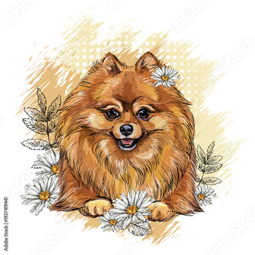 Pomeranian dog in flowers hand drawn vector illustration