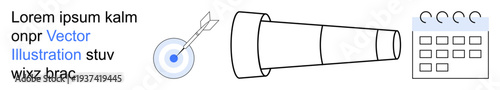 Business strategy, goal setting, timeline planning, focus, direction, productivity. Telescope, target with arrow and calendar on clean layout. Strategy and goal setting concepts