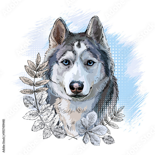 Siberian Husky dog with leaves hand drawn vector illustration