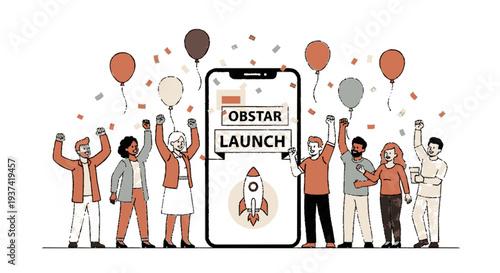 Excited team celebrating a product launch with balloons and a rocket symbol on a smartphone screen