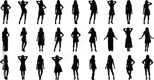Collection of female silhouettes in different standing poses isolated on white background, elegant women figure set for fashion design
