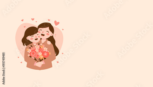 Two women embracing and exchanging flowers on a soft pink background.