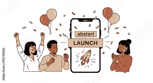 People celebrating product launch on smartphone with confetti and balloons startup success illustration mobile phone application launch