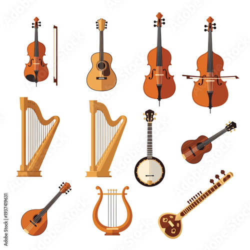 Assorted String Musical Instruments Displayed Together.