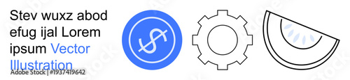 Financial strategy, technology solutions, creative design, economic systems, mechanical processes, business concepts. A dollar sign, gear and semi-circular shape. Financial strategy and technology