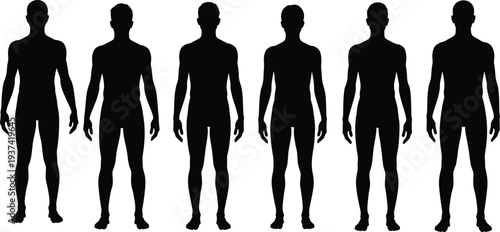 Male human body silhouettes front view isolated on white background, anatomy figure template for medical and fitness design