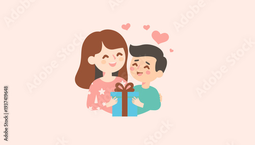 Couple exchanging gifts with love and affection.