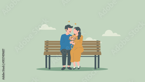 Couple embracing on a park bench together.