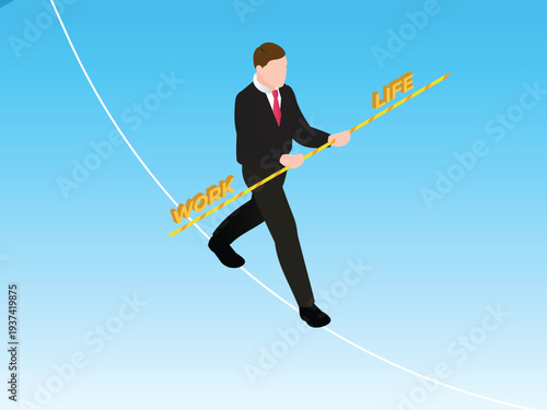 Businessman Balancing Work and Life on a Tightrope High Wire 3d isometric vector illustration