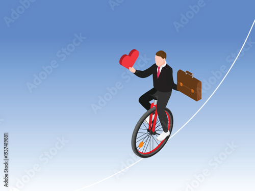 Businessman Balancing on Unicycle on Tightrope while Holding Heart and Briefcase Concept 3d isometric vector illustration