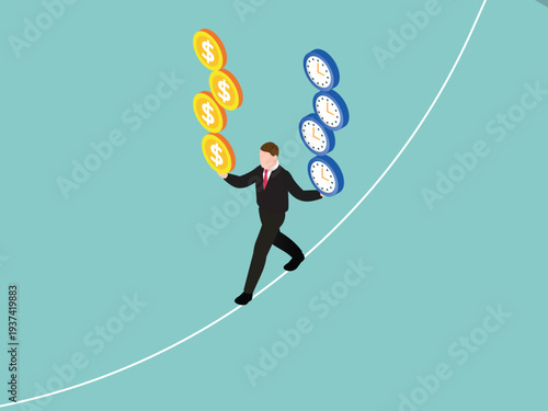 Work Life Balance Concept: Businessman Balancing Time and Money on a Tightrope 3d isometric vector illustration