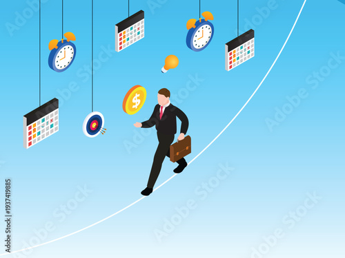 Businessman Walking Tightrope Avoiding Deadline and Goal Distractions 3d isometric vector illustration