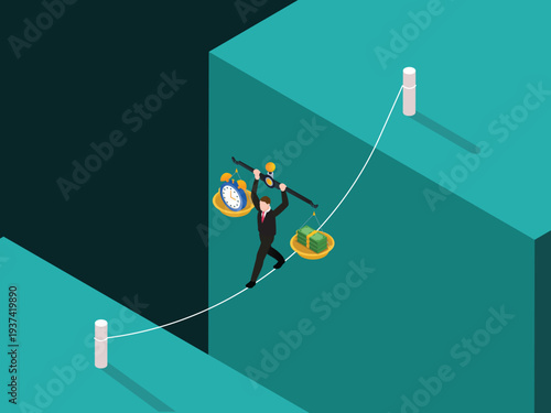 Focus: Balancing time and financial resources over a gap. 3d isometric vector illustration