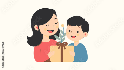 Mother and son sharing a heartwarming moment with a gift.