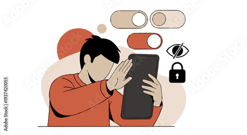 Person using smartphone with privacy settings and security icons nearby emphasizing online protection and digital safety measures