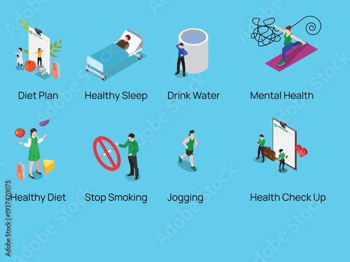 Health and Wellness Icons Set: Diet Plan, Mental Health, Sleep, Hydration, Exercise, and Medical Checkup 3d isometric vector illustration